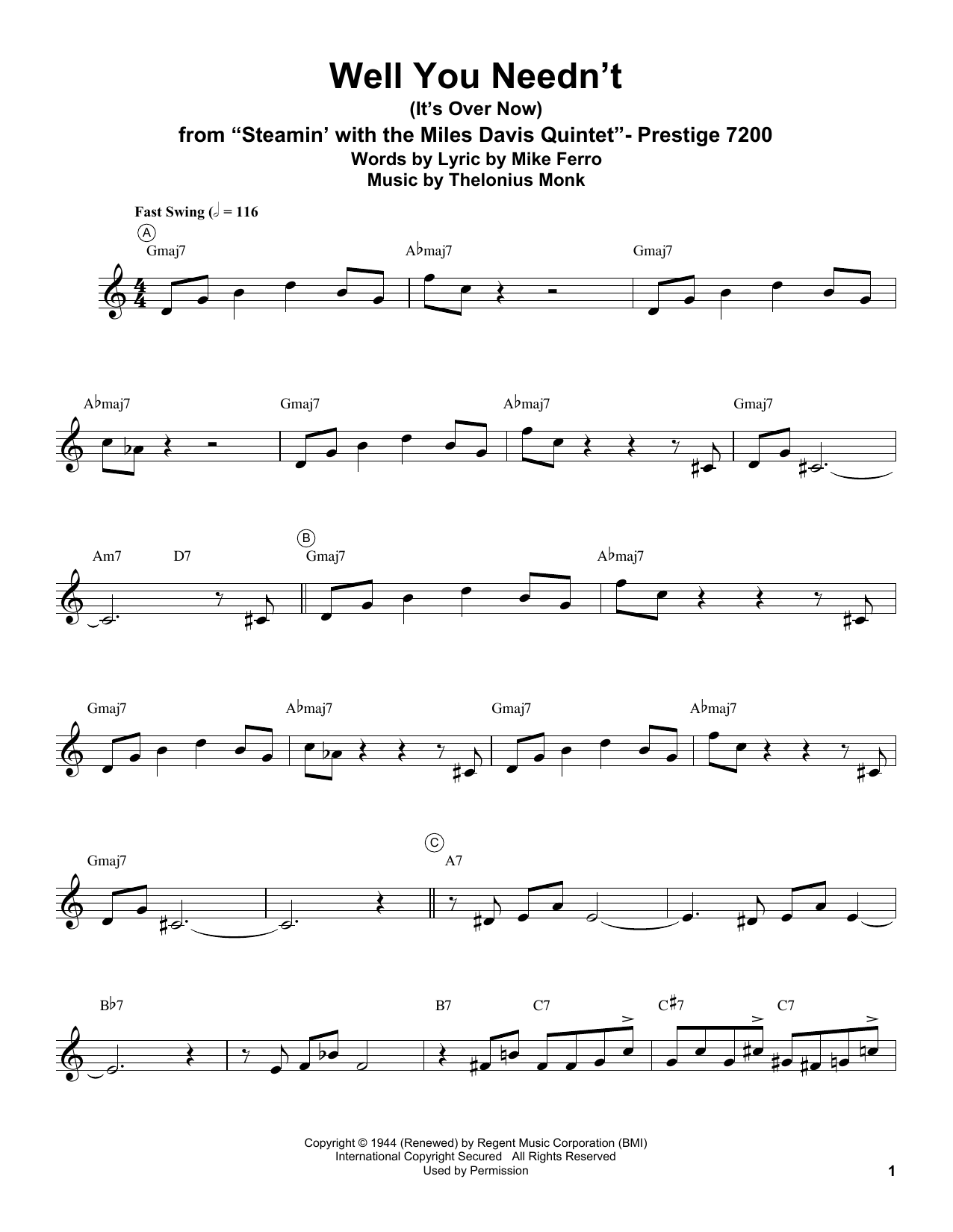 Miles Davis Well You Needn't (It's Over Now) sheet music notes and chords arranged for Trumpet Transcription