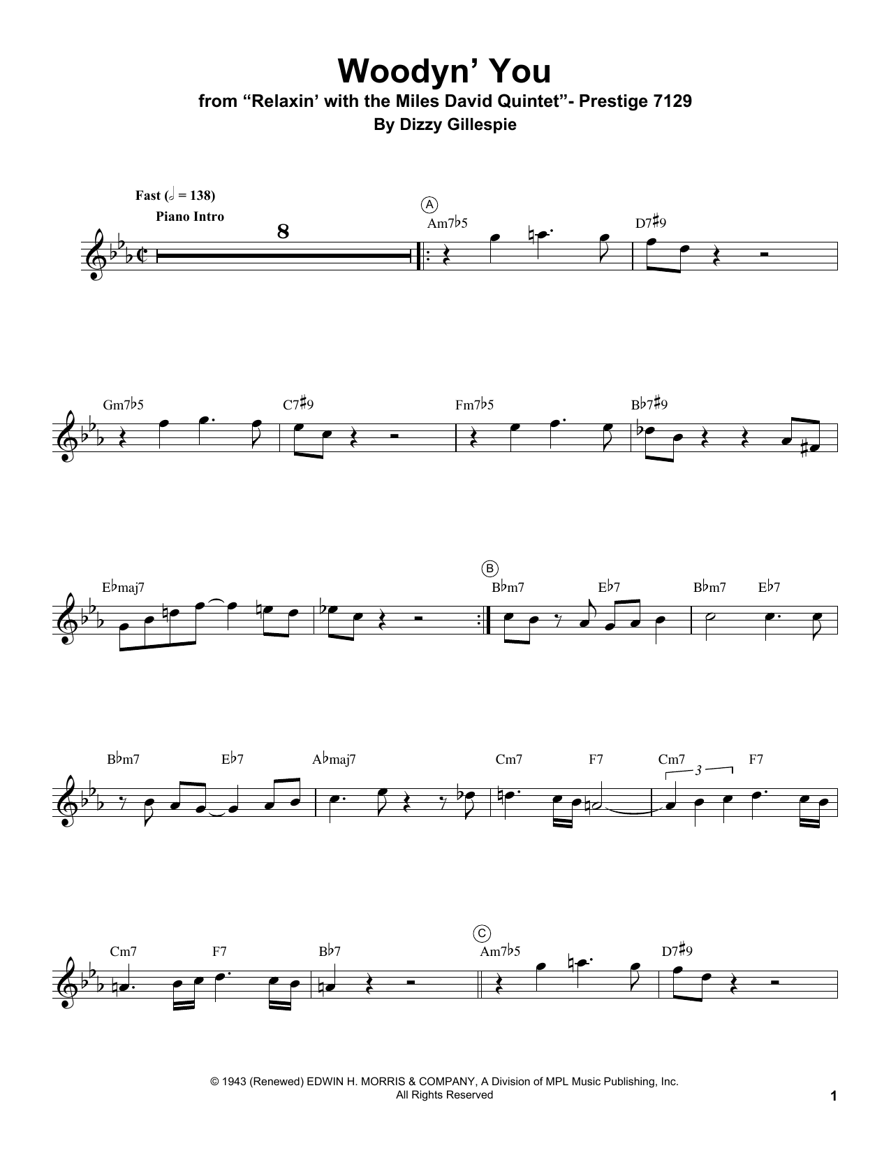 Miles Davis Woodyn' You sheet music notes and chords arranged for Trumpet Transcription