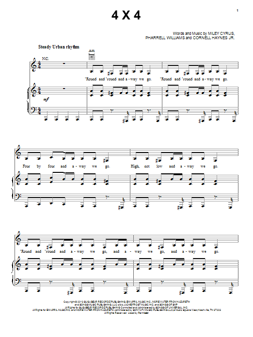 Miley Cyrus 4x4 sheet music notes and chords arranged for Piano, Vocal & Guitar Chords (Right-Hand Melody)