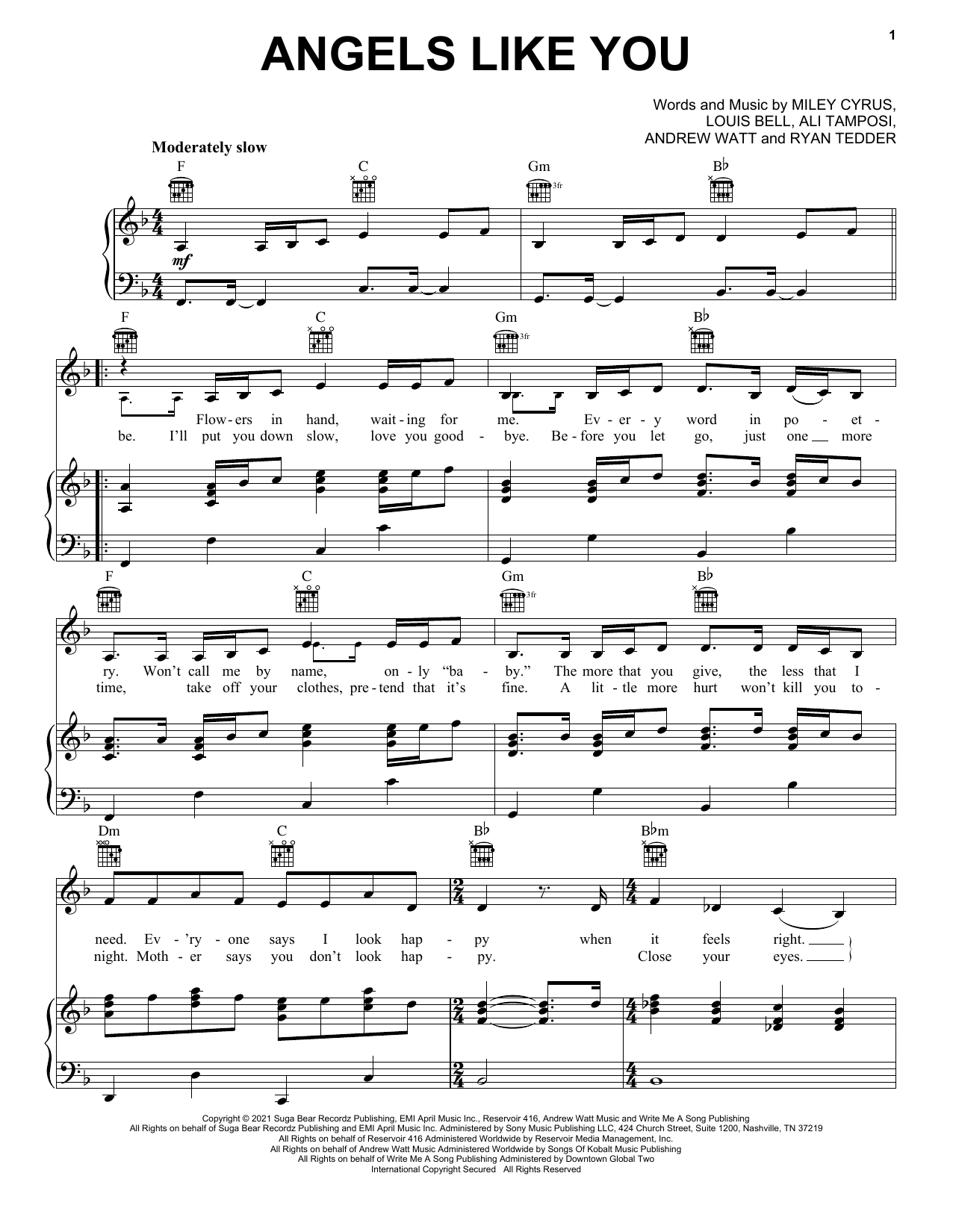 Miley Cyrus Angels Like You sheet music notes and chords arranged for Piano, Vocal & Guitar Chords (Right-Hand Melody)