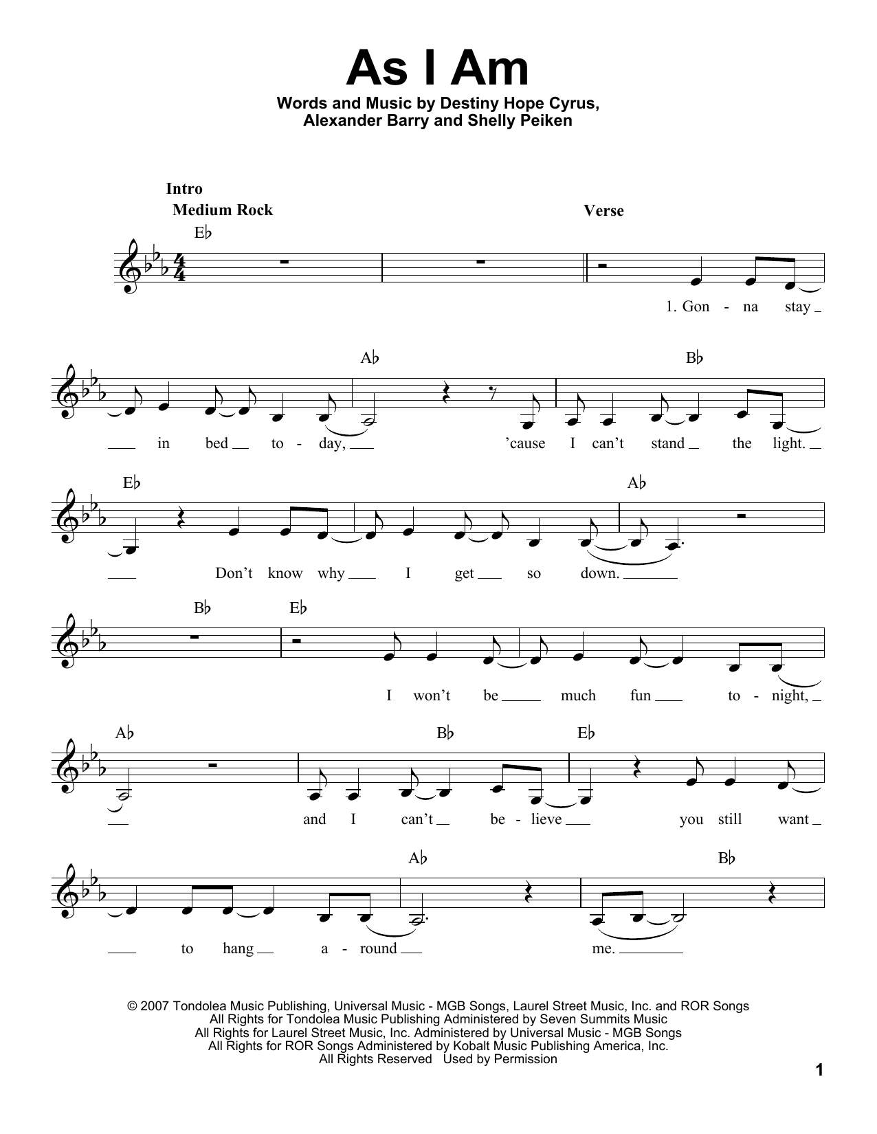 Miley Cyrus As I Am sheet music notes and chords arranged for Pro Vocal