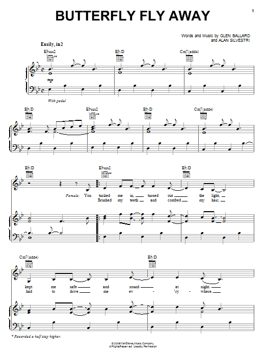 Miley Cyrus Butterfly Fly Away sheet music notes and chords arranged for Piano, Vocal & Guitar Chords (Right-Hand Melody)