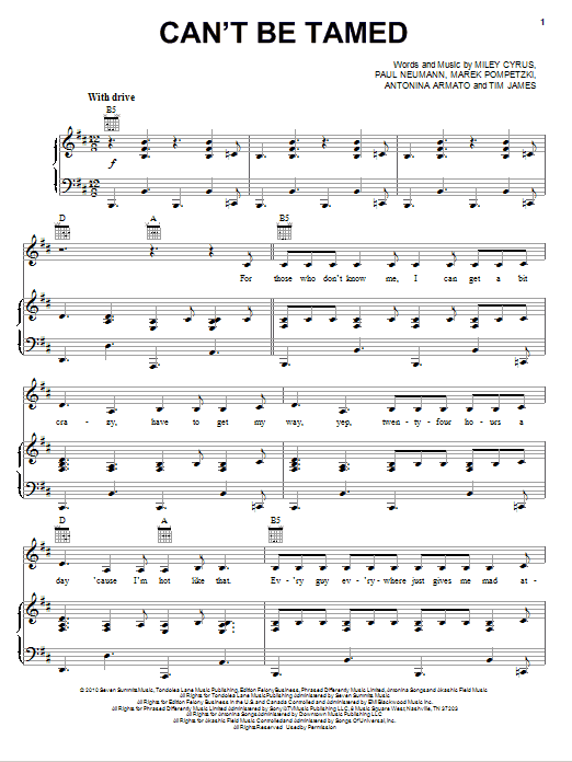 Miley Cyrus Can't Be Tamed sheet music notes and chords arranged for Piano, Vocal & Guitar Chords (Right-Hand Melody)