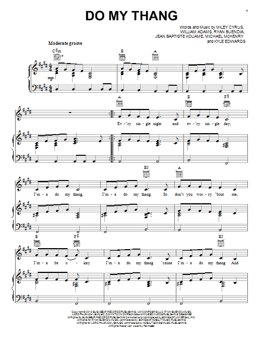 Miley Cyrus Do My Thang sheet music notes and chords arranged for Piano, Vocal & Guitar Chords (Right-Hand Melody)