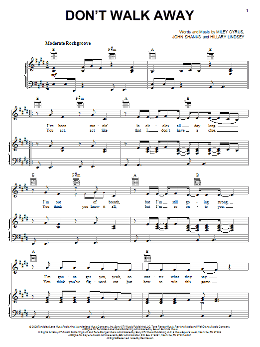 Miley Cyrus Don't Walk Away sheet music notes and chords arranged for Piano, Vocal & Guitar Chords (Right-Hand Melody)