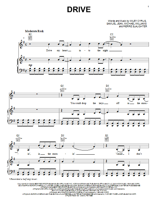 Miley Cyrus Drive sheet music notes and chords arranged for Piano, Vocal & Guitar Chords (Right-Hand Melody)