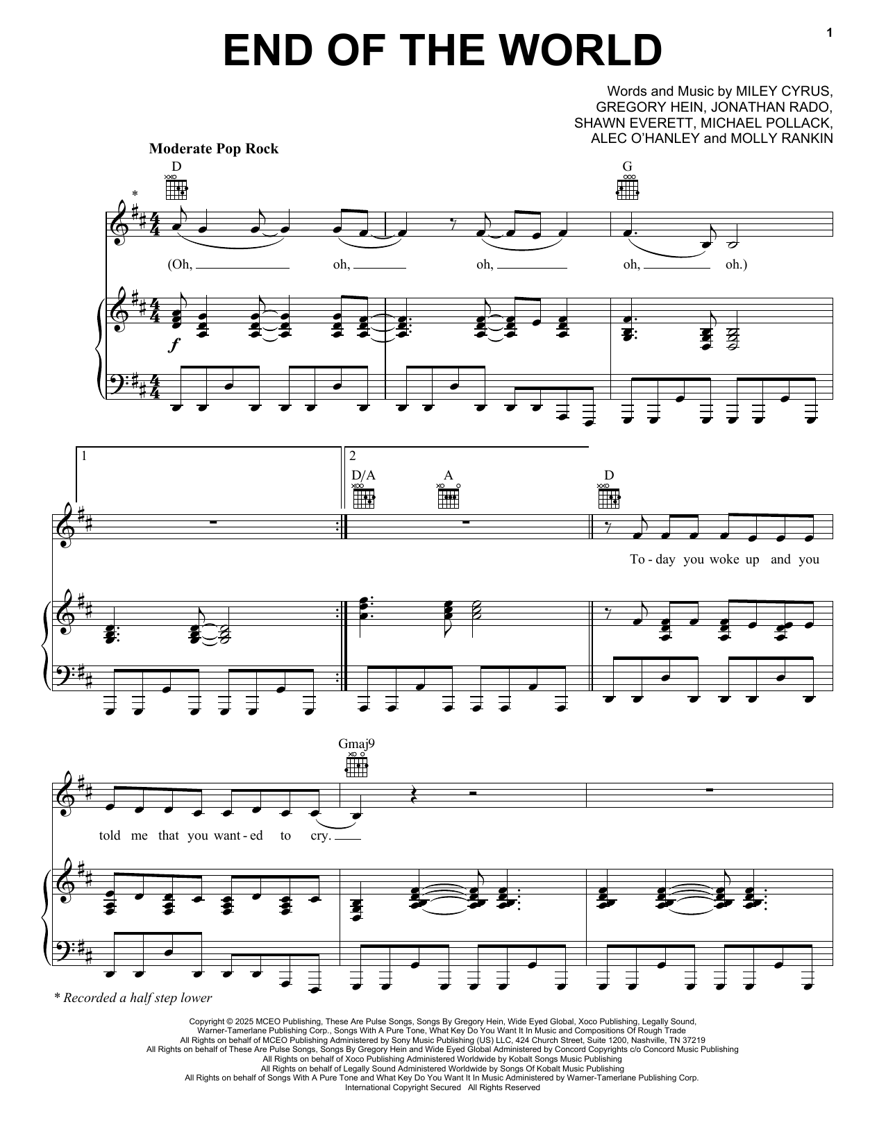Miley Cyrus End Of The World sheet music notes and chords arranged for Piano, Vocal & Guitar Chords (Right-Hand Melody)