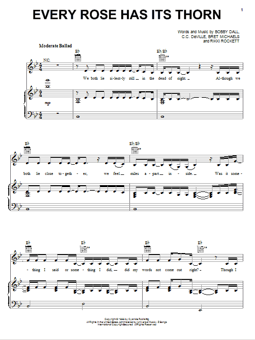 Miley Cyrus Every Rose Has Its Thorn sheet music notes and chords arranged for Piano, Vocal & Guitar Chords (Right-Hand Melody)