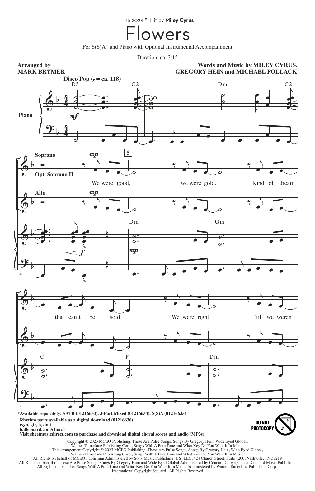 Miley Cyrus Flowers (arr. Mark Brymer) sheet music notes and chords arranged for 3-Part Mixed Choir