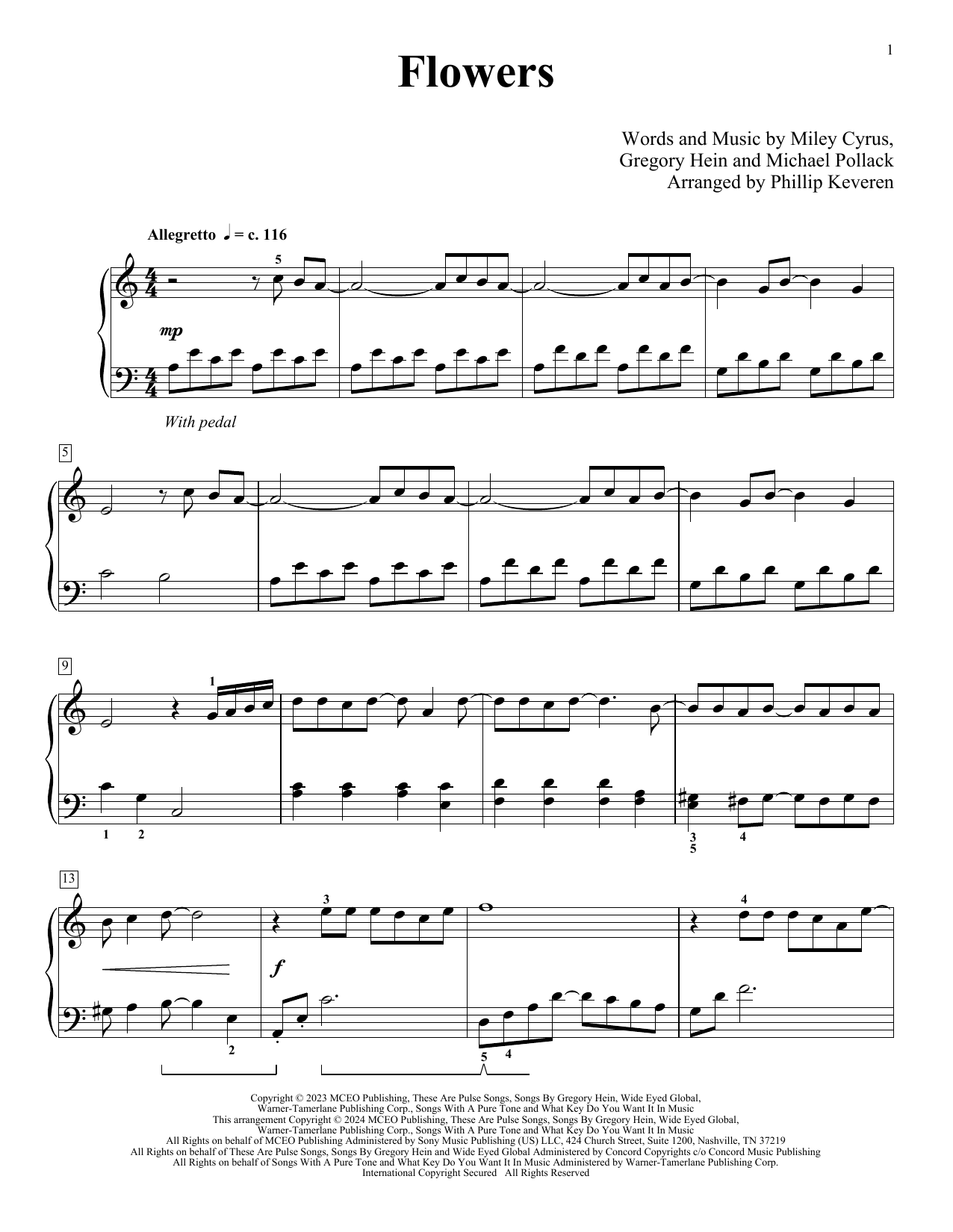 Miley Cyrus Flowers (arr. Phillip Keveren) sheet music notes and chords arranged for Piano Solo