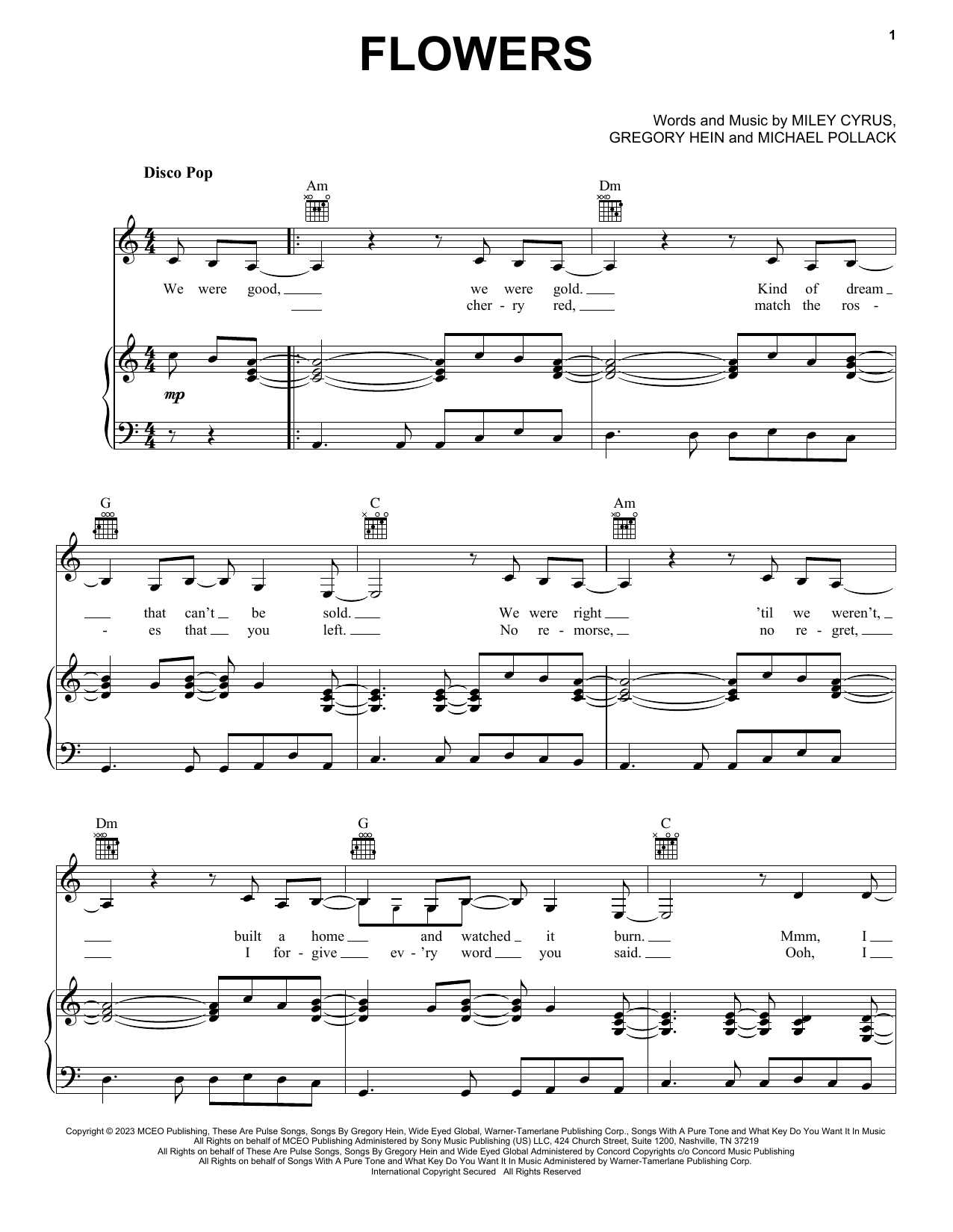 Miley Cyrus Flowers sheet music notes and chords arranged for Easy Piano