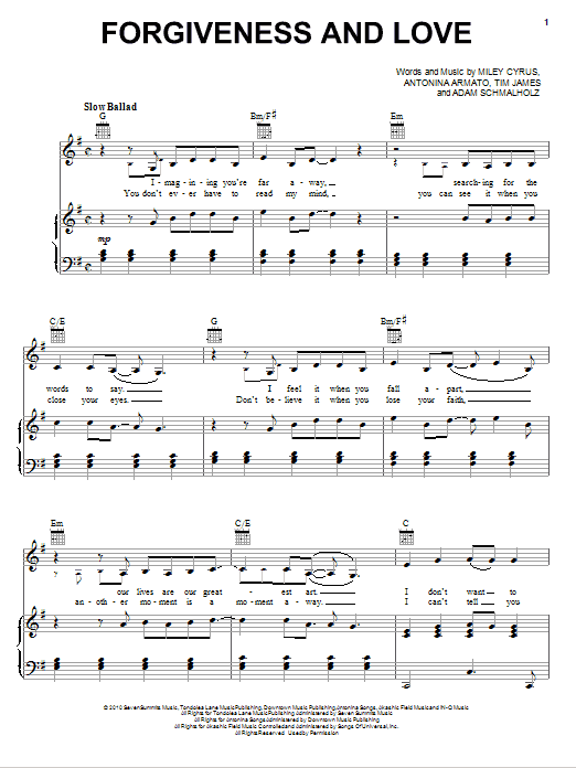 Miley Cyrus Forgiveness And Love sheet music notes and chords arranged for Piano, Vocal & Guitar Chords (Right-Hand Melody)