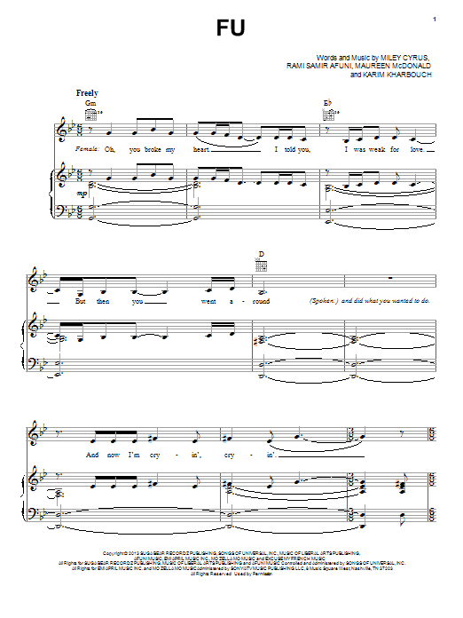 Miley Cyrus FU sheet music notes and chords arranged for Piano, Vocal & Guitar Chords (Right-Hand Melody)