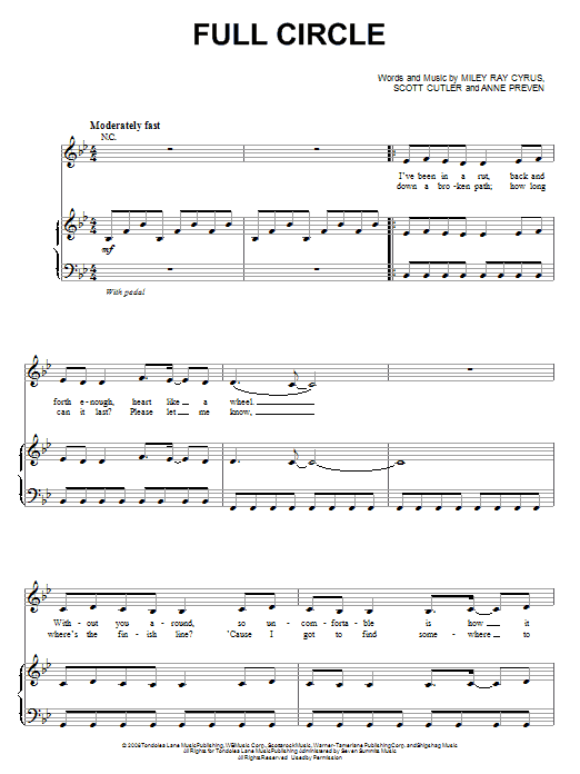 Miley Cyrus Full Circle sheet music notes and chords arranged for Easy Piano