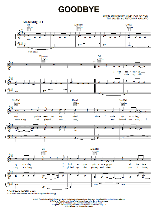 Miley Cyrus Goodbye sheet music notes and chords arranged for Piano, Vocal & Guitar Chords (Right-Hand Melody)