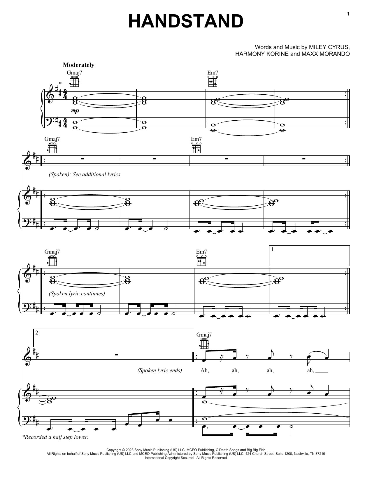 Miley Cyrus Handstand sheet music notes and chords arranged for Piano, Vocal & Guitar Chords (Right-Hand Melody)