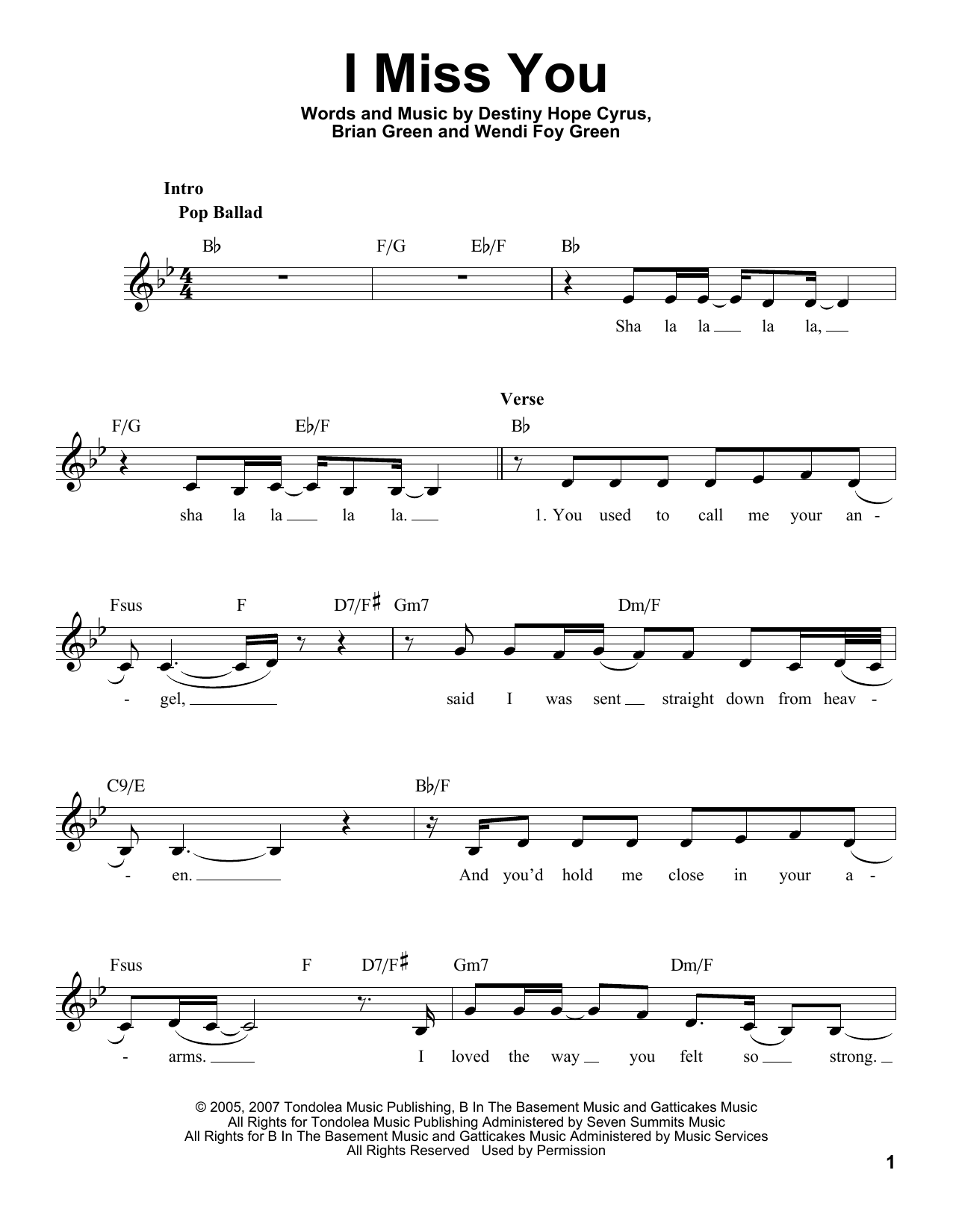 Miley Cyrus I Miss You sheet music notes and chords arranged for Pro Vocal
