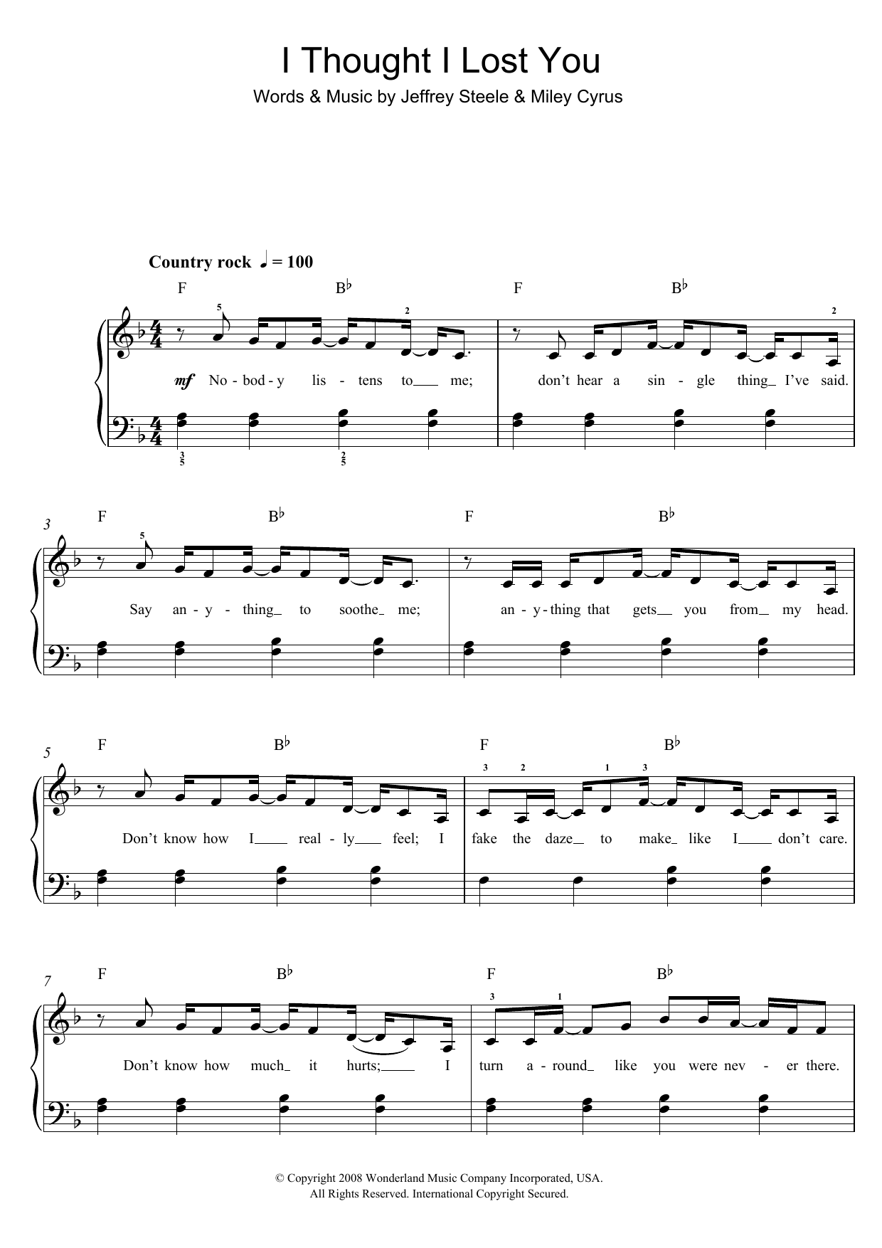 Miley Cyrus I Thought I Lost You (From Bolt) sheet music notes and chords arranged for Piano, Vocal & Guitar Chords