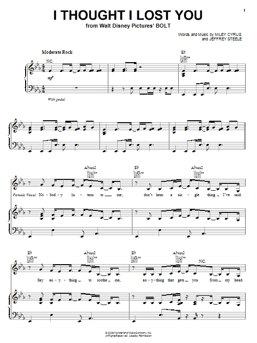 Miley Cyrus I Thought I Lost You sheet music notes and chords arranged for Piano, Vocal & Guitar Chords (Right-Hand Melody)