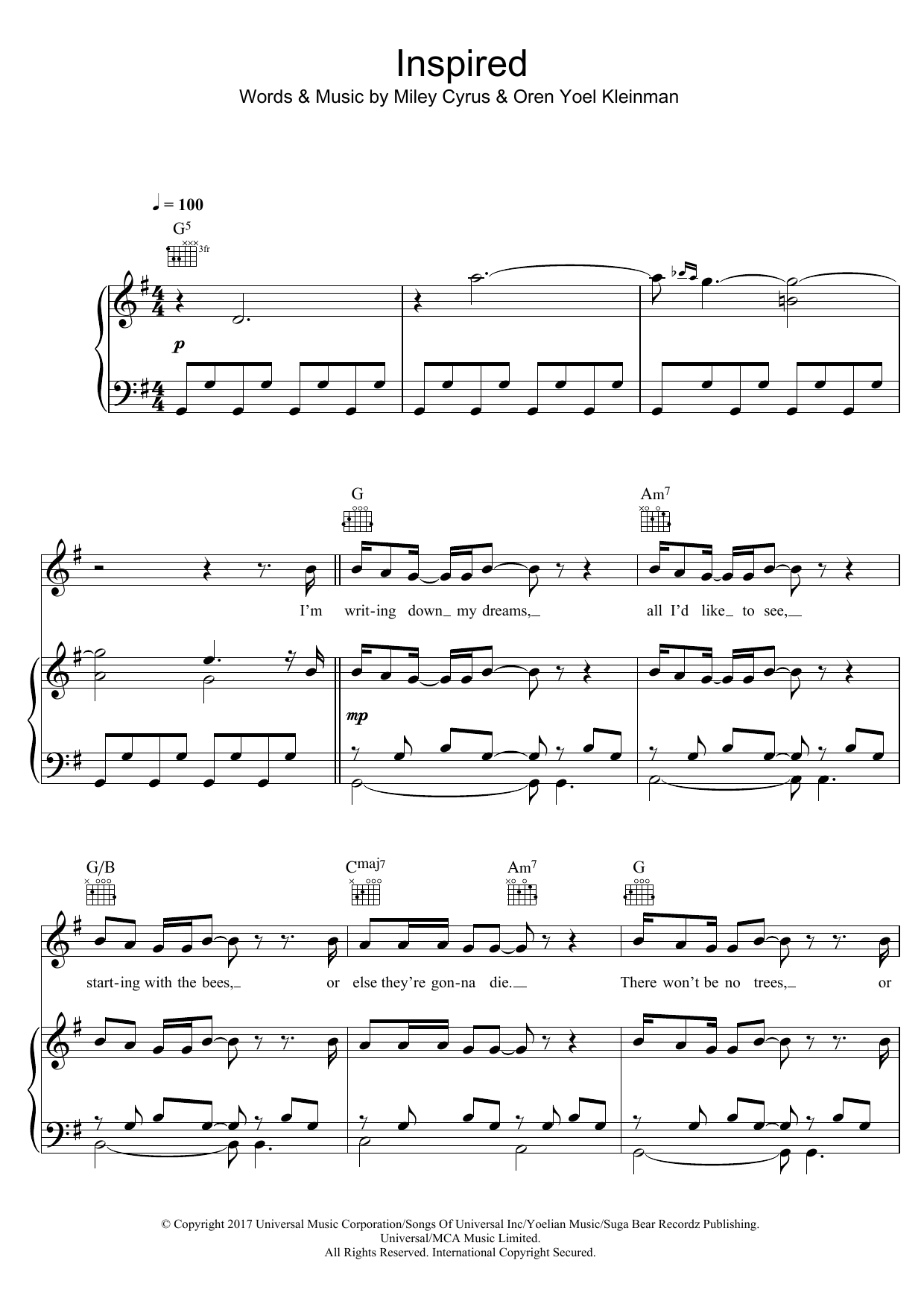 Miley Cyrus Inspired sheet music notes and chords arranged for Piano, Vocal & Guitar Chords