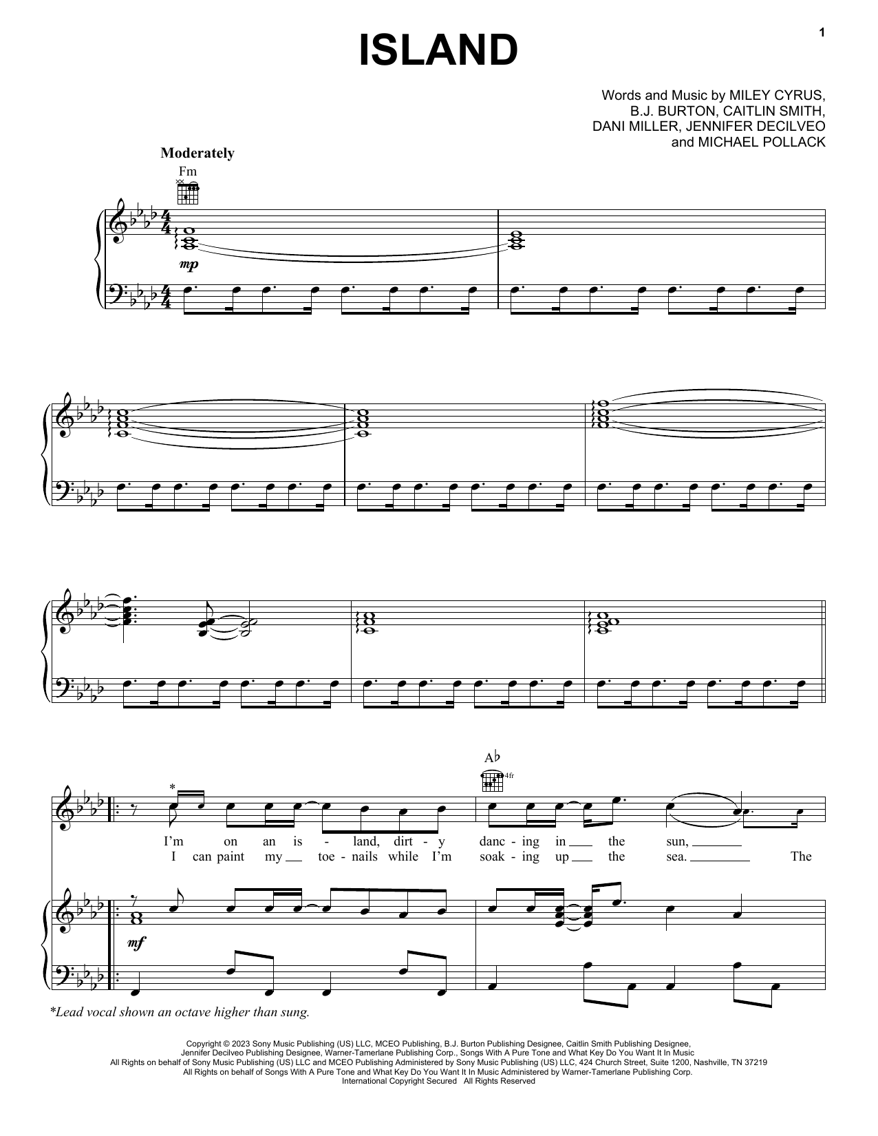 Miley Cyrus Island sheet music notes and chords arranged for Piano, Vocal & Guitar Chords (Right-Hand Melody)