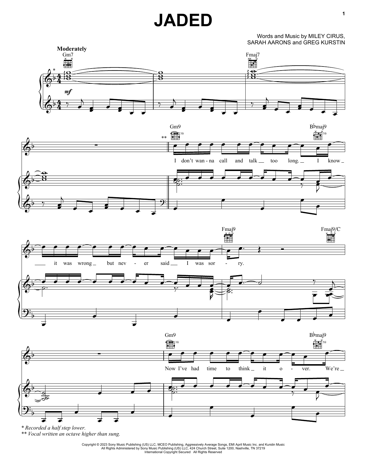 Miley Cyrus Jaded sheet music notes and chords arranged for Piano, Vocal & Guitar Chords (Right-Hand Melody)
