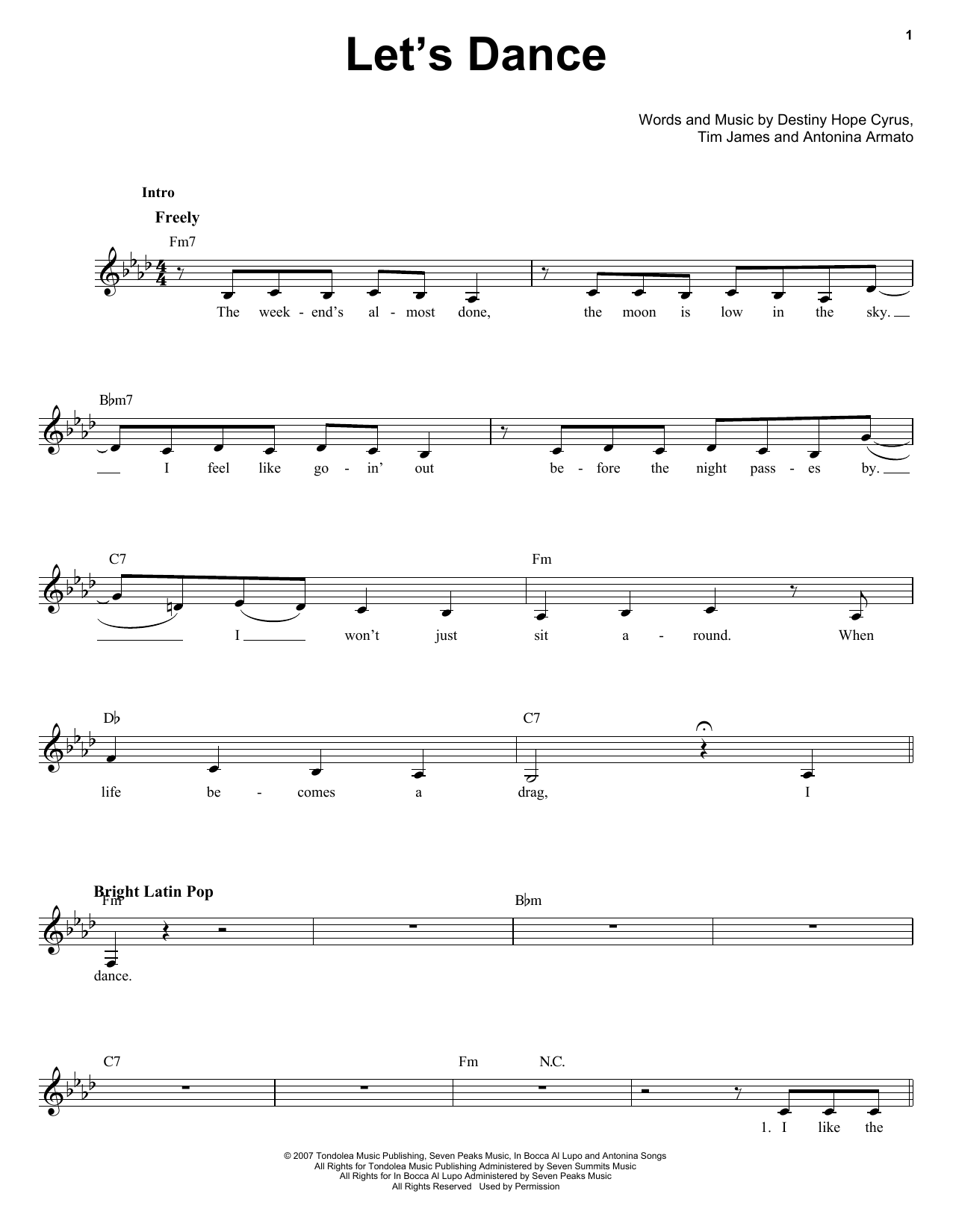 Miley Cyrus Let's Dance sheet music notes and chords arranged for Pro Vocal