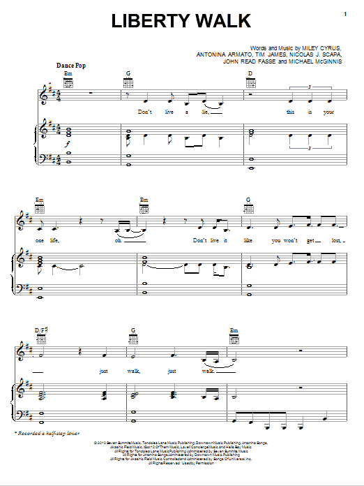 Miley Cyrus Liberty Walk sheet music notes and chords arranged for Piano, Vocal & Guitar Chords (Right-Hand Melody)
