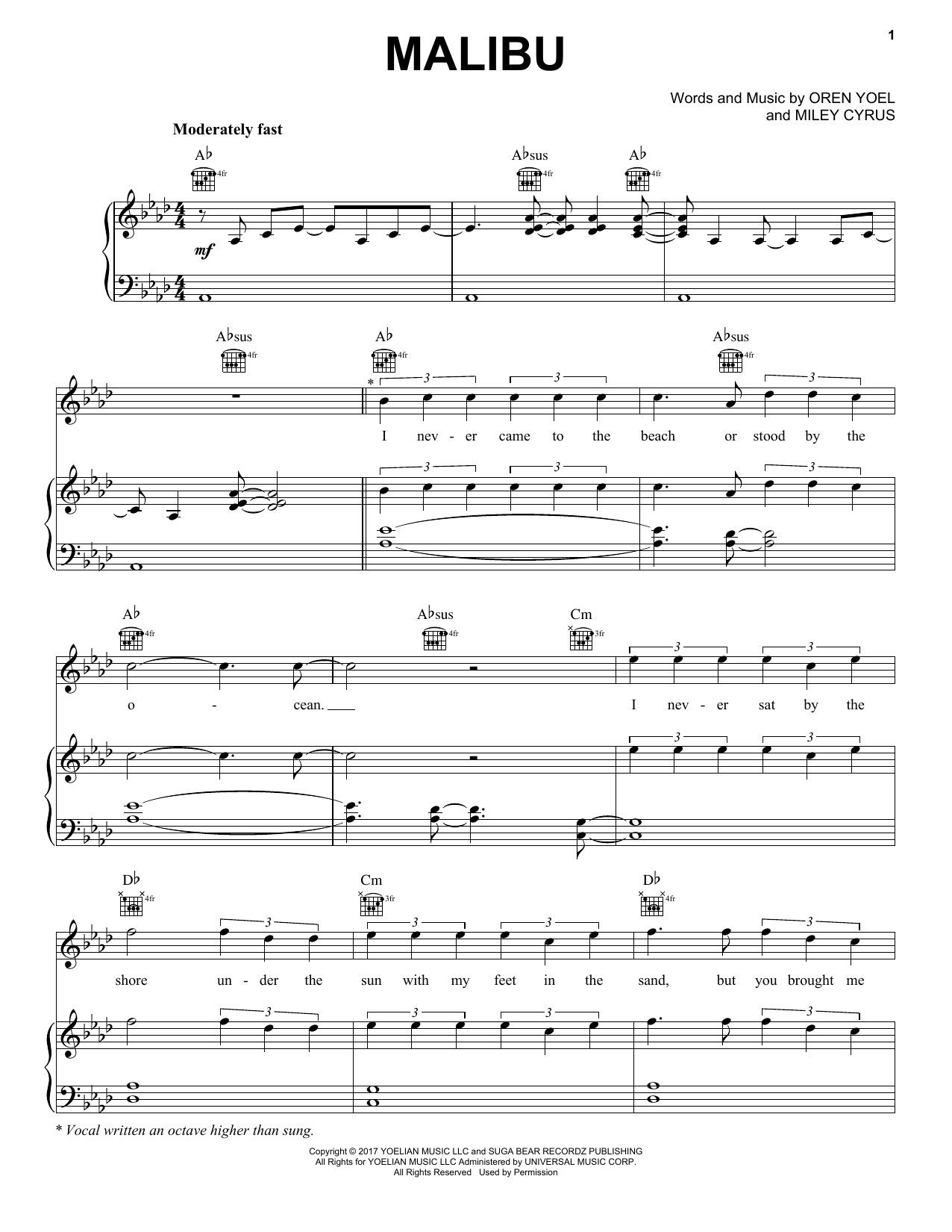 Miley Cyrus Malibu sheet music notes and chords arranged for Piano, Vocal & Guitar Chords (Right-Hand Melody)