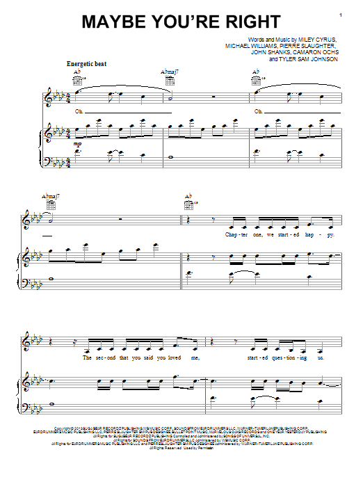 Miley Cyrus Maybe You're Right sheet music notes and chords arranged for Piano, Vocal & Guitar Chords (Right-Hand Melody)