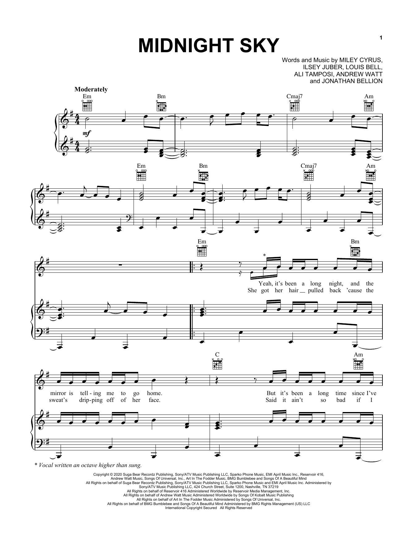 Miley Cyrus Midnight Sky sheet music notes and chords arranged for Piano, Vocal & Guitar Chords (Right-Hand Melody)