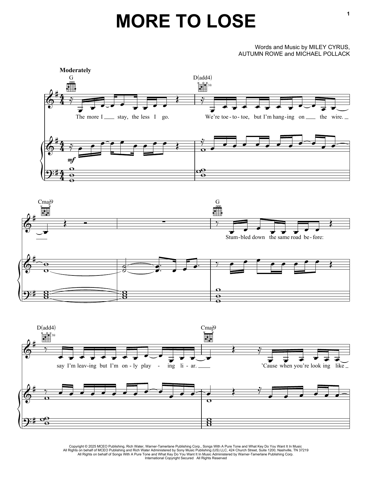 Miley Cyrus More To Lose sheet music notes and chords arranged for Piano, Vocal & Guitar Chords (Right-Hand Melody)