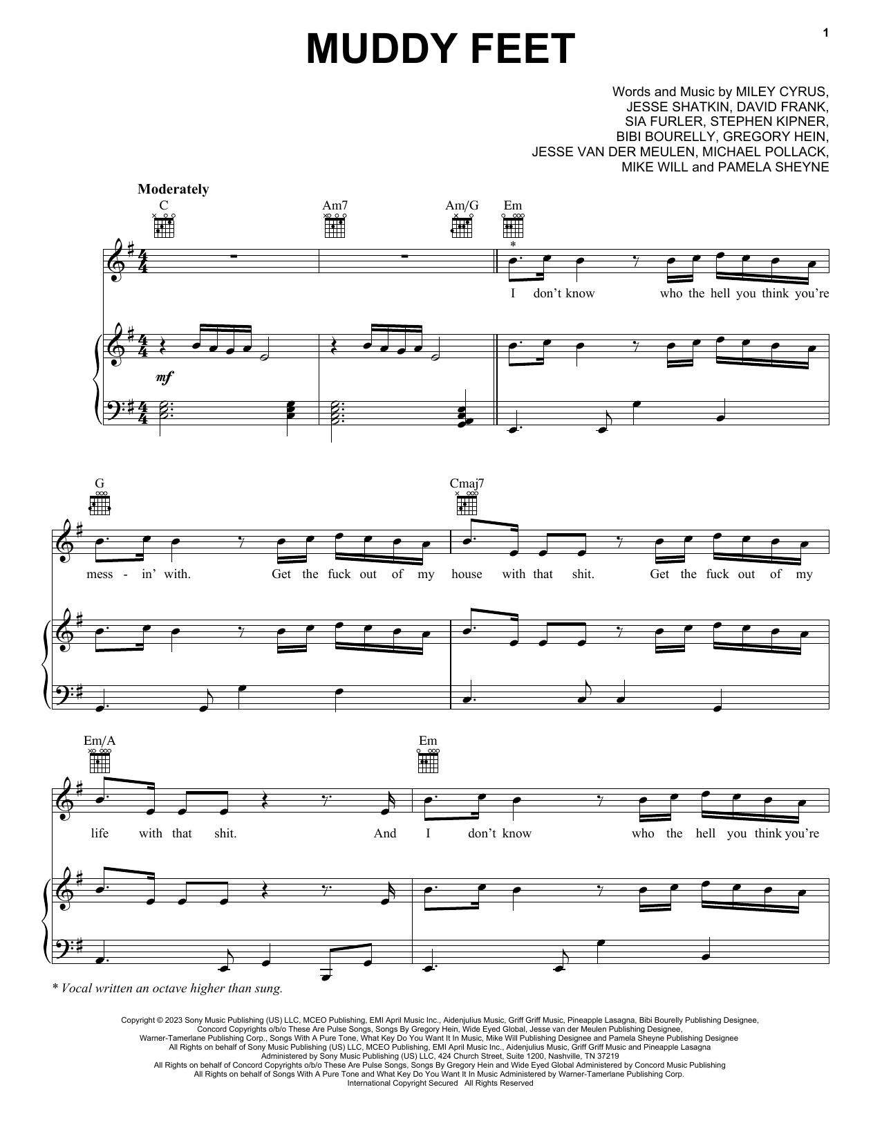 Miley Cyrus Muddy Feet sheet music notes and chords arranged for Piano, Vocal & Guitar Chords (Right-Hand Melody)