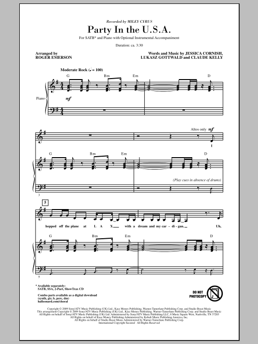 Miley Cyrus Party In The USA (arr. Roger Emerson) sheet music notes and chords arranged for SATB Choir