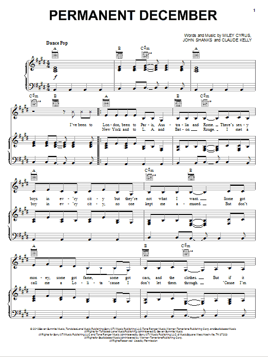 Miley Cyrus Permanent December sheet music notes and chords arranged for Piano, Vocal & Guitar Chords (Right-Hand Melody)