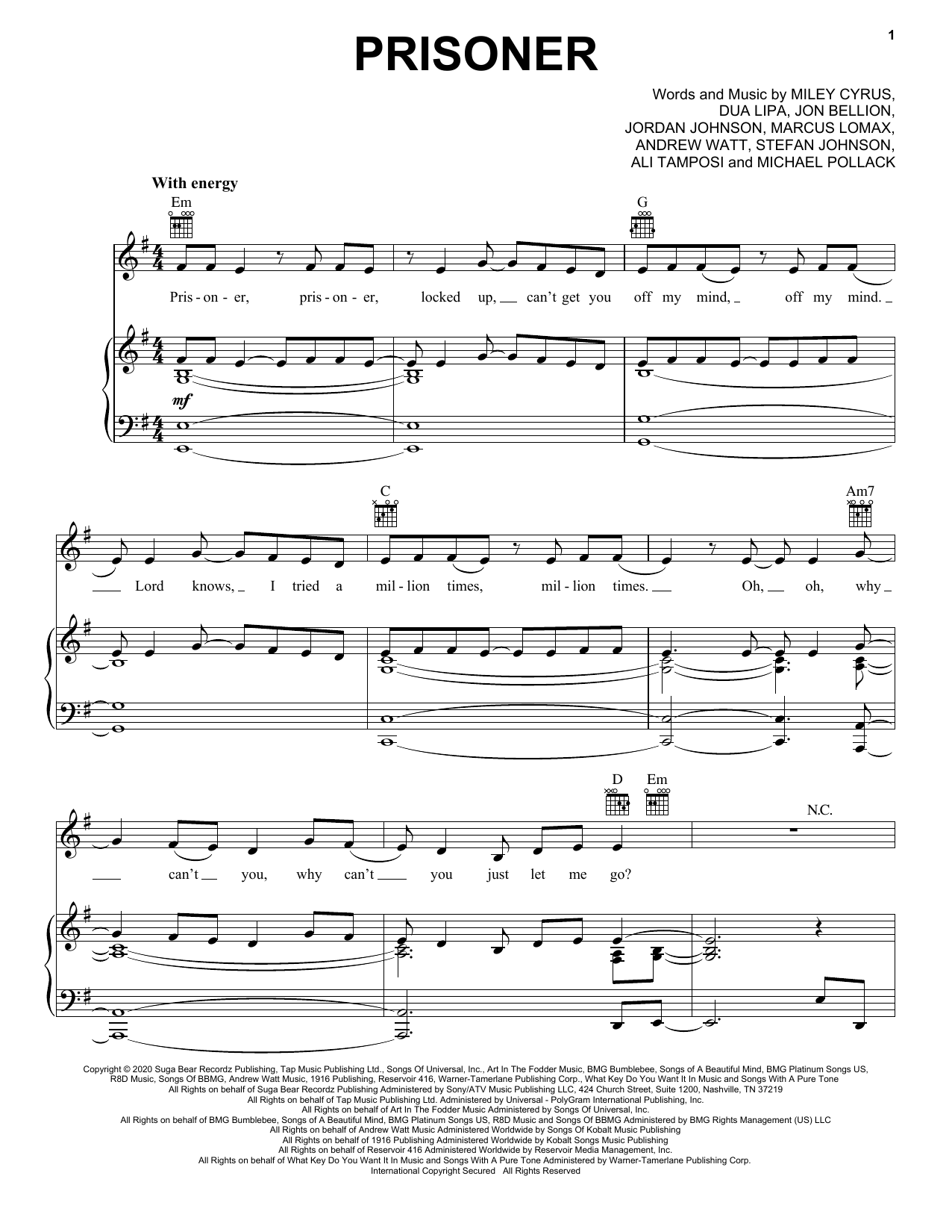 Miley Cyrus Prisoner (feat. Dua Lipa) sheet music notes and chords arranged for Big Note Piano