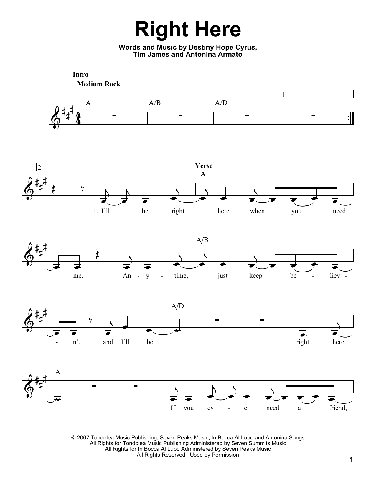 Miley Cyrus Right Here sheet music notes and chords arranged for Pro Vocal