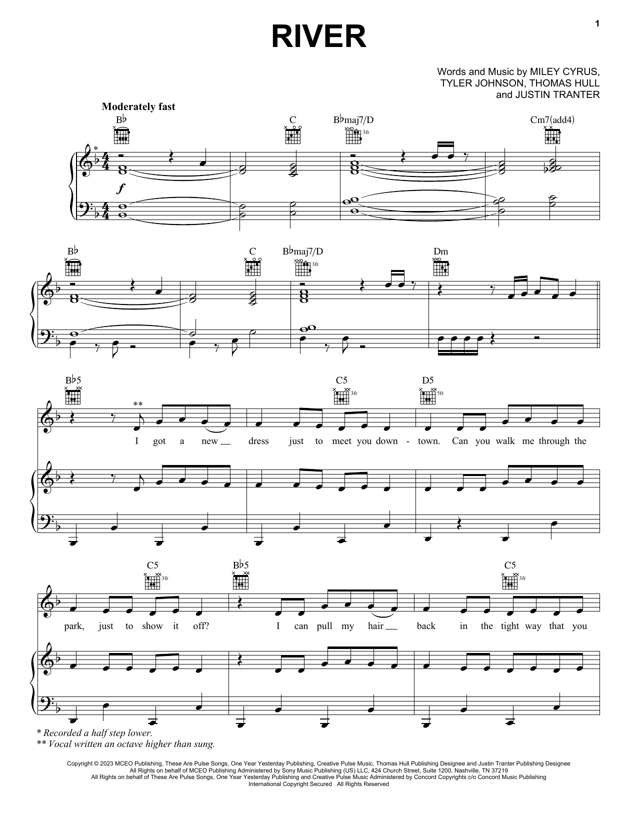 Miley Cyrus River sheet music notes and chords arranged for Easy Piano