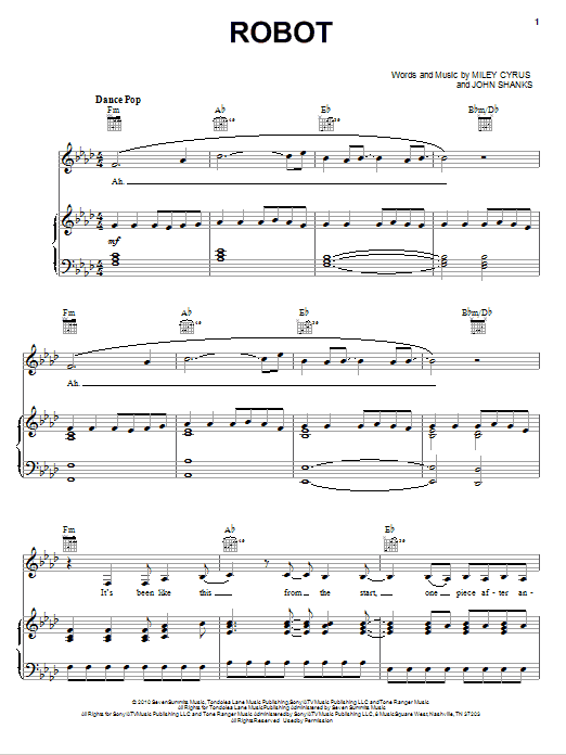 Miley Cyrus Robot sheet music notes and chords arranged for Piano, Vocal & Guitar Chords (Right-Hand Melody)
