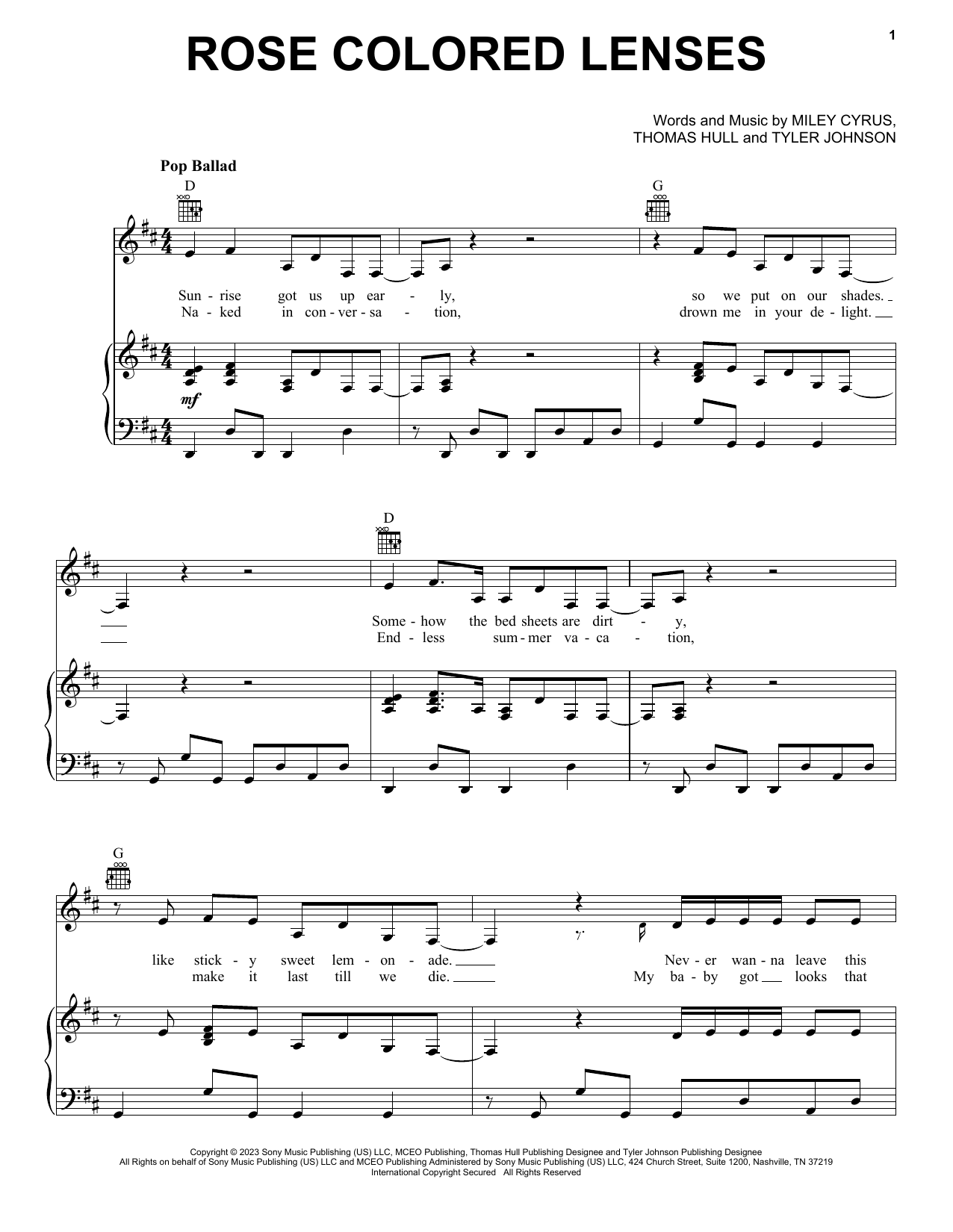 Miley Cyrus Rose Colored Lenses sheet music notes and chords arranged for Easy Piano