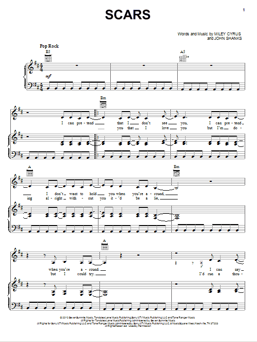 Miley Cyrus Scars sheet music notes and chords arranged for Piano, Vocal & Guitar Chords (Right-Hand Melody)