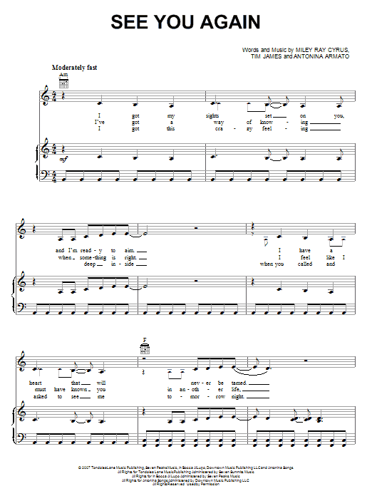 Miley Cyrus See You Again sheet music notes and chords arranged for Easy Guitar Tab
