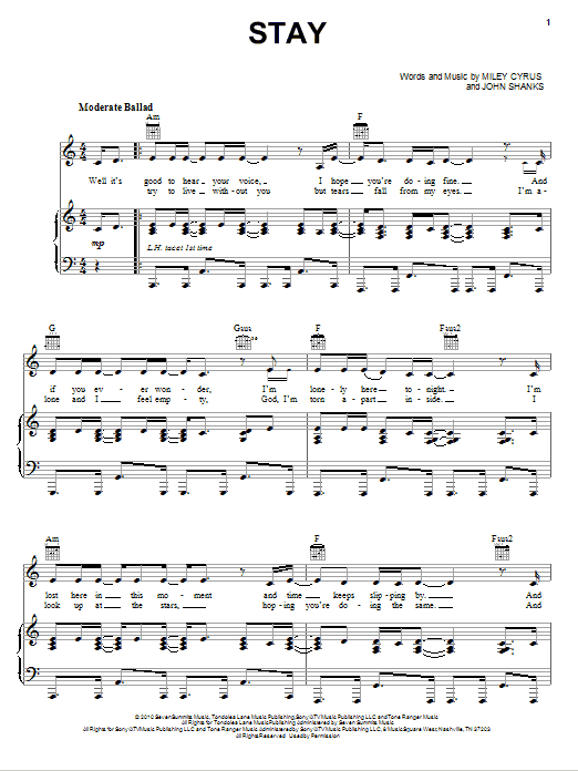 Miley Cyrus Stay sheet music notes and chords arranged for Piano, Vocal & Guitar Chords (Right-Hand Melody)