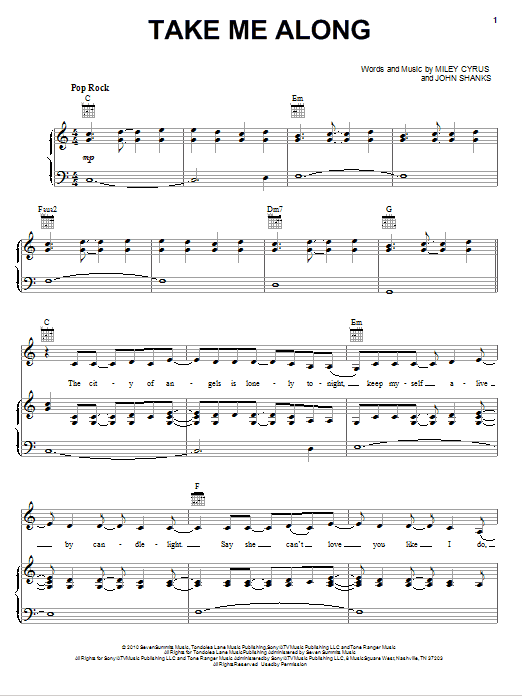 Miley Cyrus Take Me Along sheet music notes and chords arranged for Piano, Vocal & Guitar Chords (Right-Hand Melody)