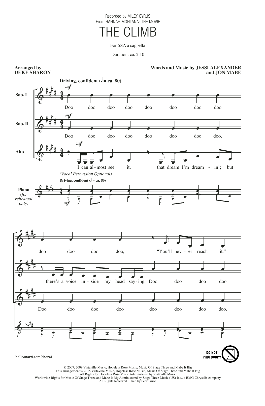 Miley Cyrus The Climb (from Hannah Montana: The Movie) (arr. Deke Sharon) sheet music notes and chords arranged for SSA Choir