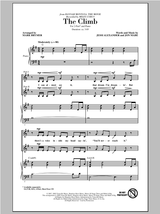 Miley Cyrus The Climb (from Hannah Montana: The Movie) (arr. Mark Brymer) sheet music notes and chords arranged for 2-Part Choir