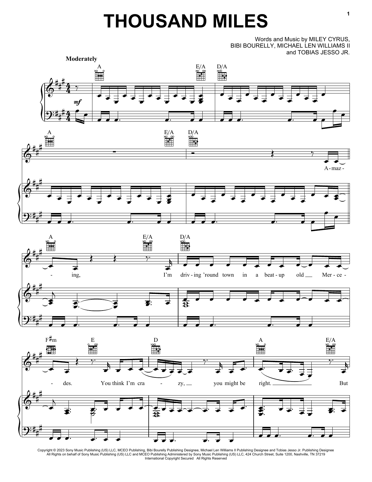 Miley Cyrus Thousand Miles (feat. Brandi Carlile) sheet music notes and chords arranged for Easy Piano
