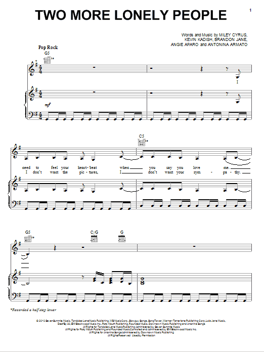 Miley Cyrus Two More Lonely People sheet music notes and chords arranged for Piano, Vocal & Guitar Chords (Right-Hand Melody)