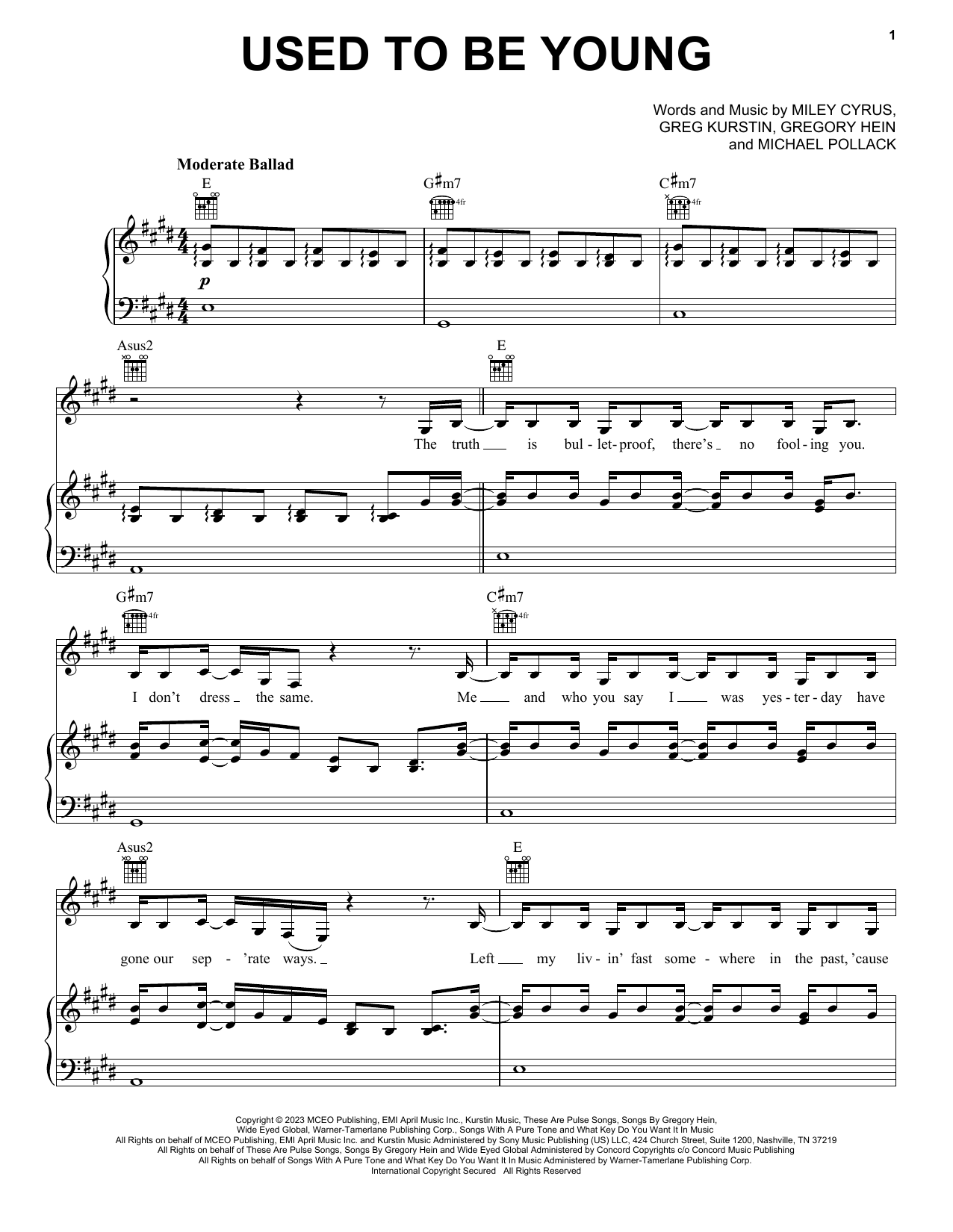 Miley Cyrus Used To Be Young sheet music notes and chords arranged for Piano, Vocal & Guitar Chords (Right-Hand Melody)