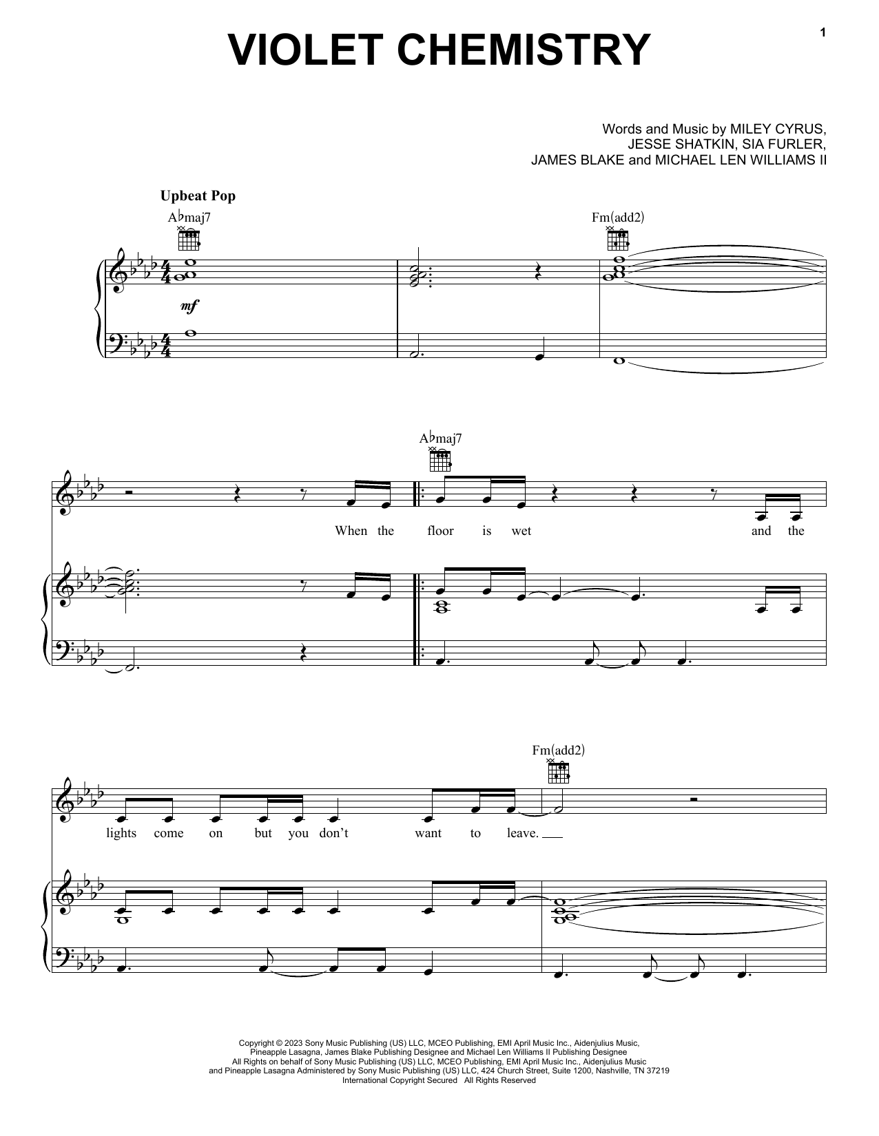 Miley Cyrus Violet Chemistry sheet music notes and chords arranged for Easy Piano